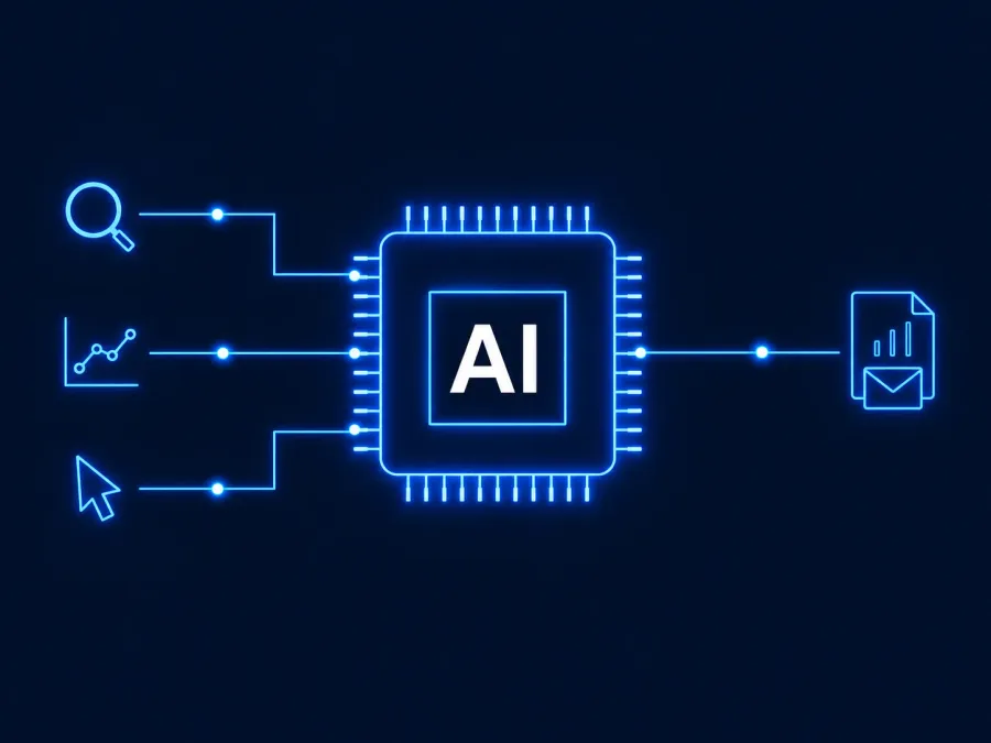 AIチップを中心に、複数のデータが集約・処理される様子を表すネオン調のイラスト