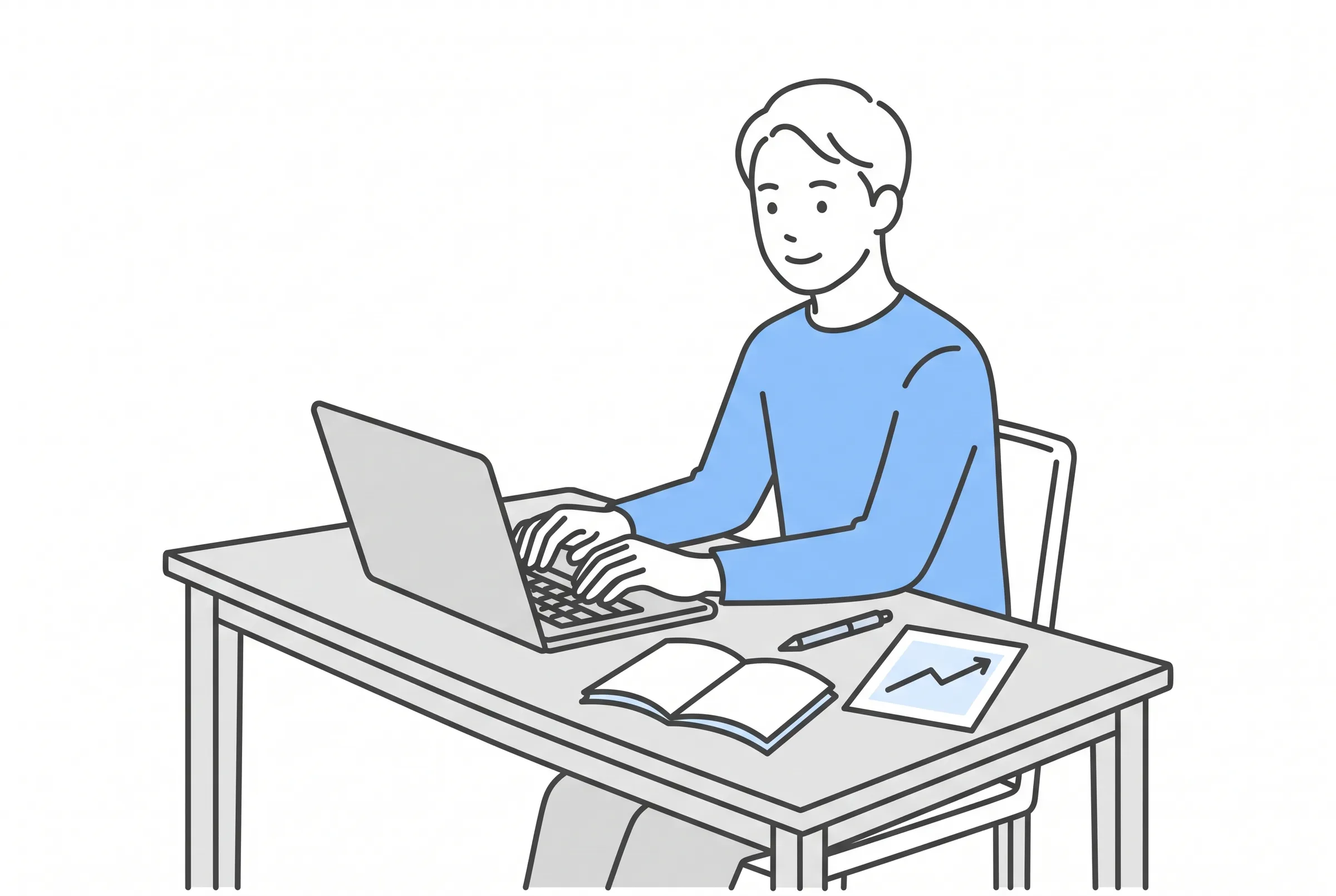 自宅の机でノートパソコンに向かって記事を書く個人ブロガーのイラスト
