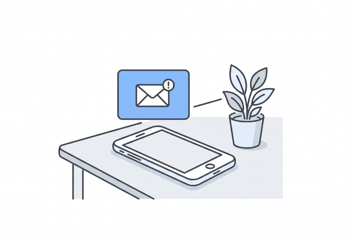 机のスマートフォンにメール到着の通知が表示されている静かなイラスト