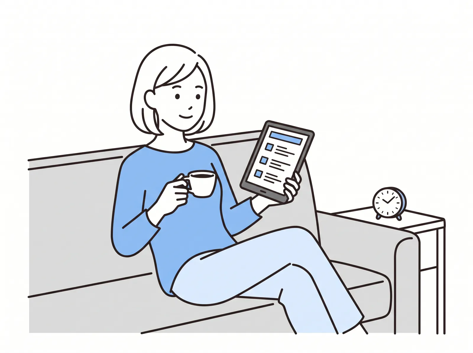 ソファでコーヒーを片手にタブレットでレポートを読む人のイラスト