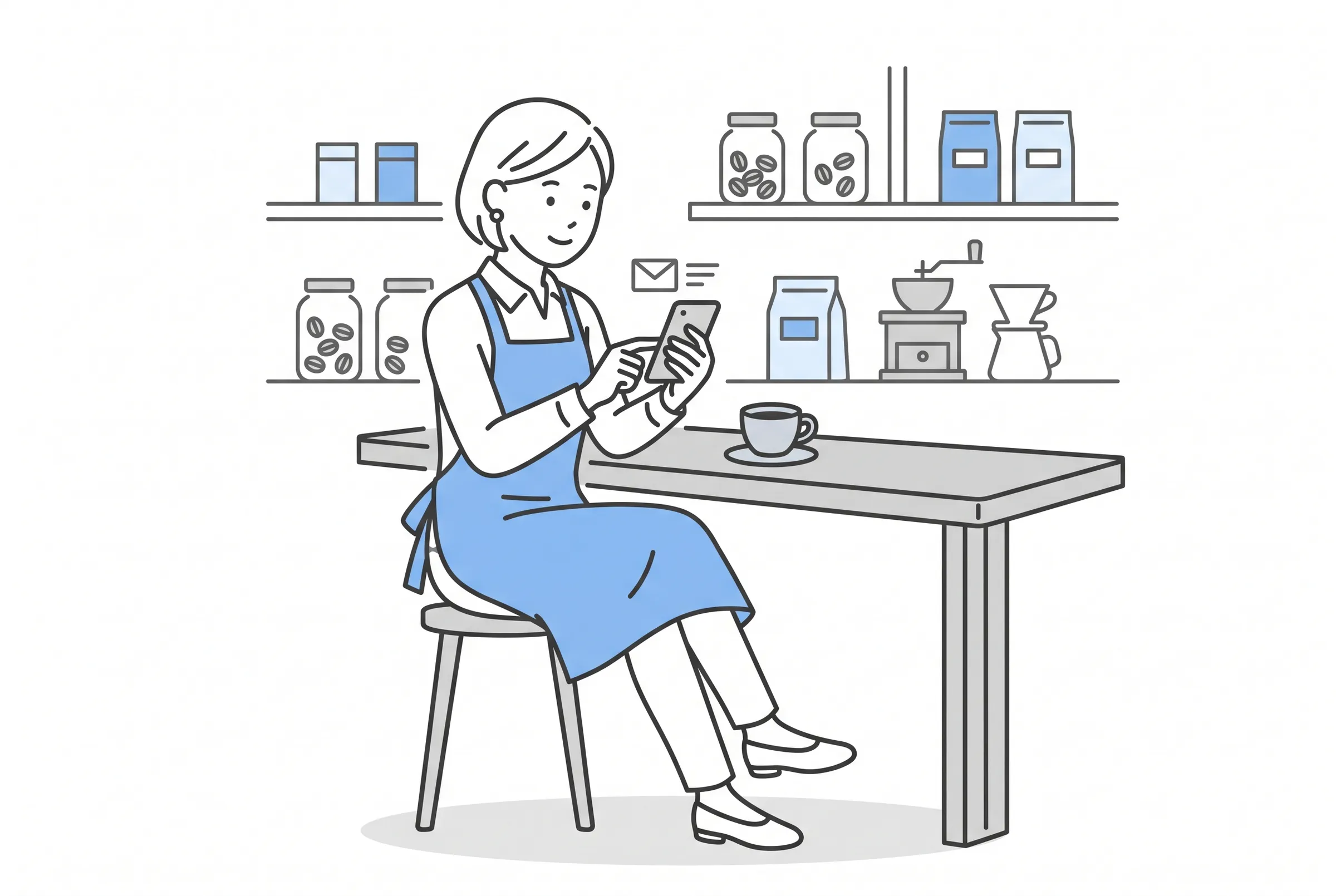 お店のカウンターで休憩中にスマートフォンでメールを読む店主のイラスト