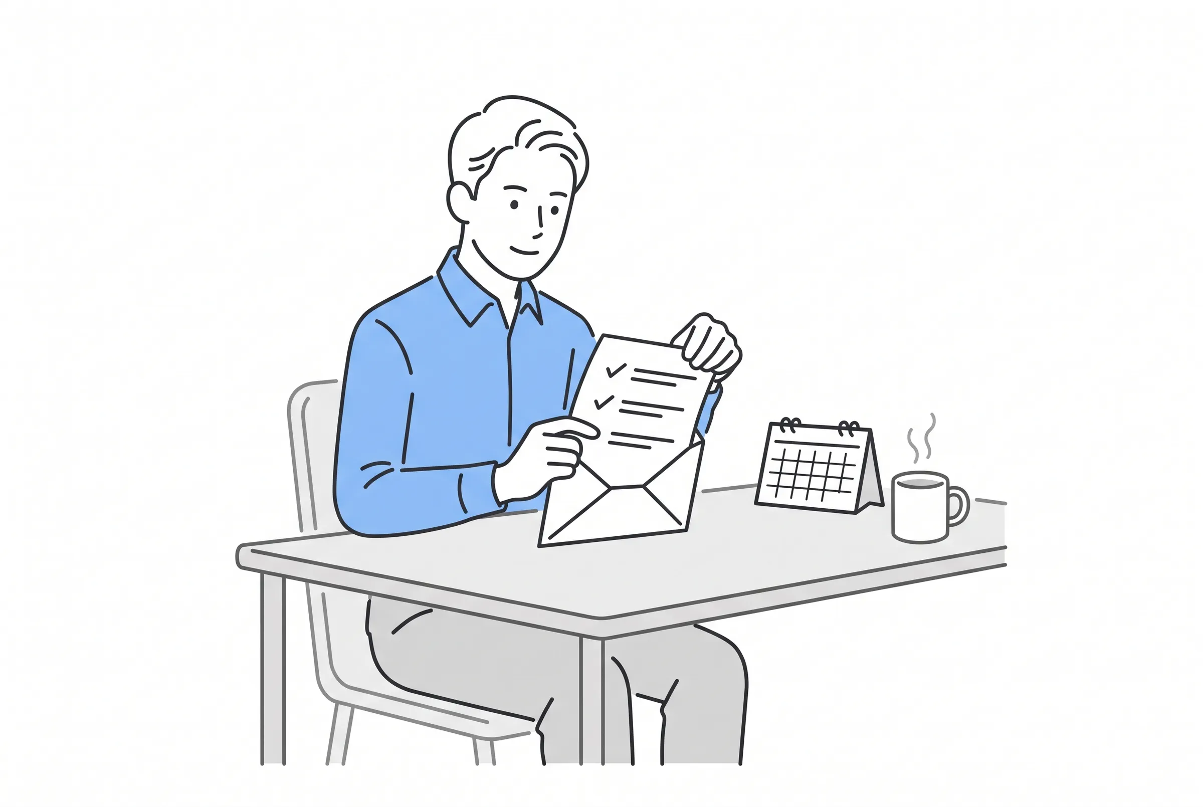 届いたレポートを封筒から取り出して読む人のイラスト