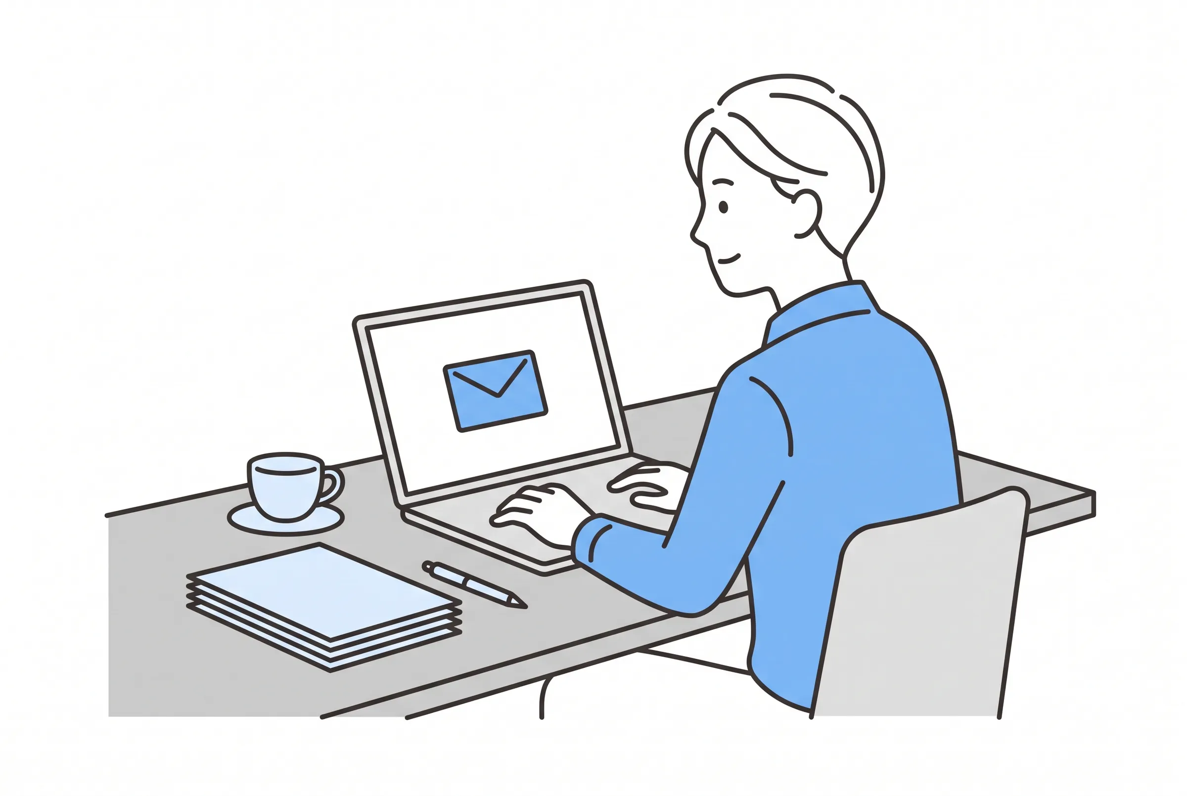 デスクでノートパソコンに届いたメールを確認するWeb担当者のイラスト